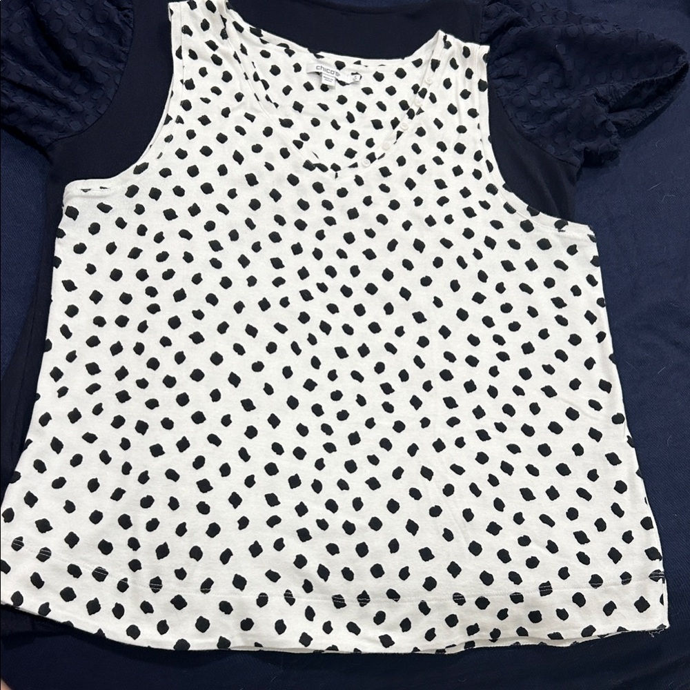 Chico's Black and Cream Polka Dot V-Neck Top SZ 3